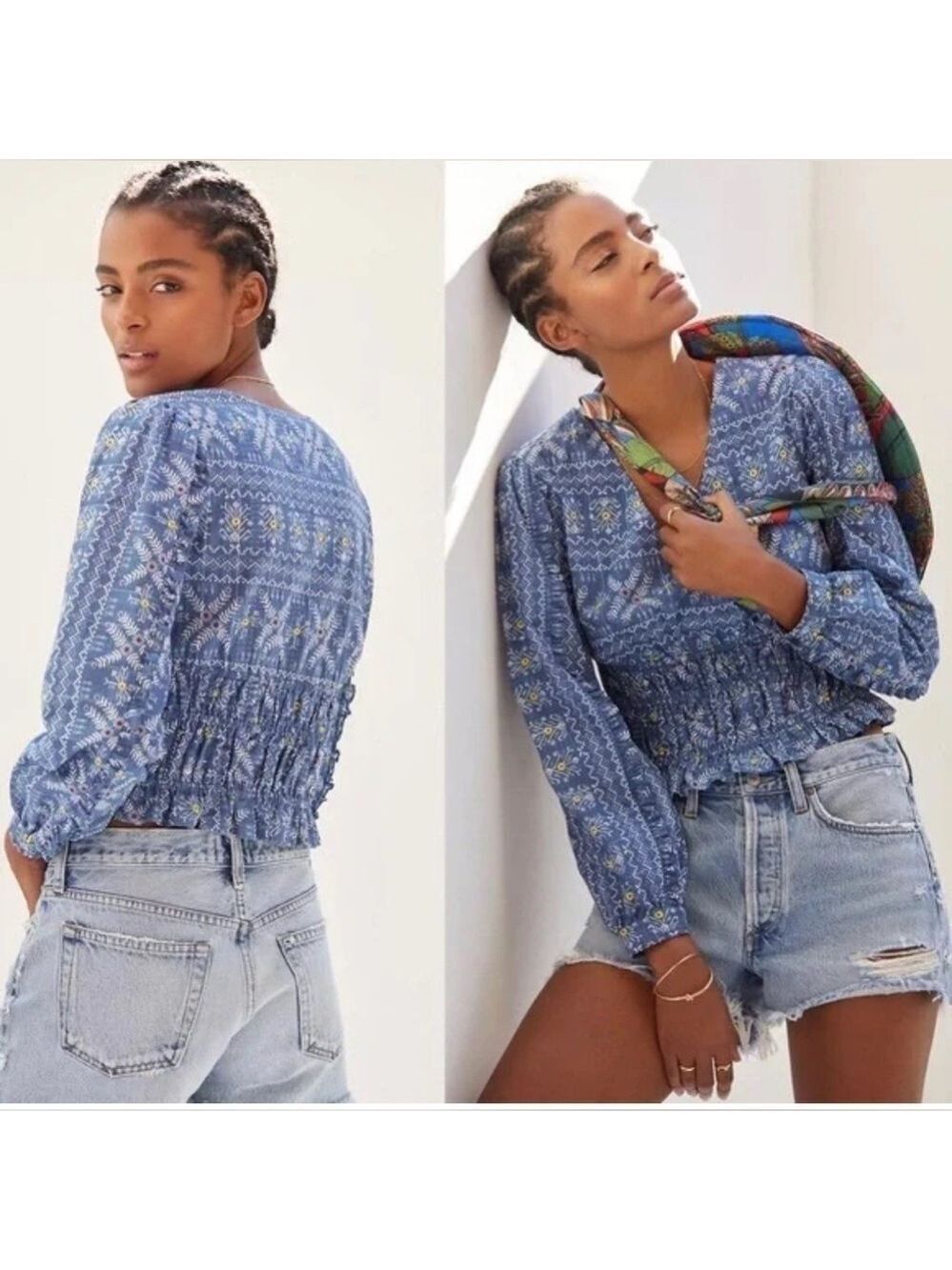 Anthropologie Forever That Girl Embroidered Smocked Waist Long Sleeve Top size M